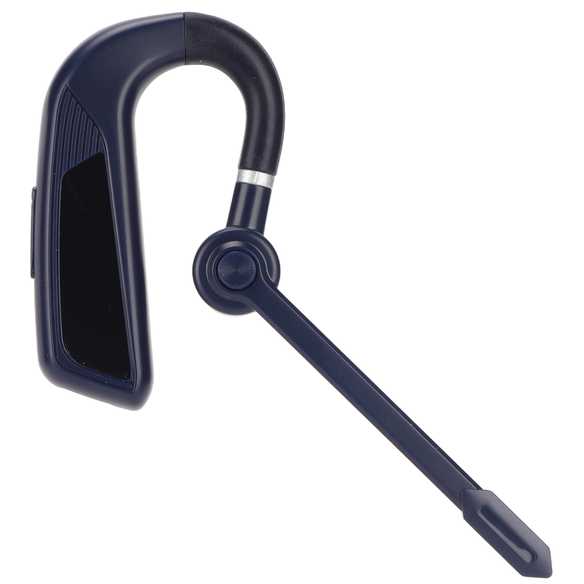 Dunkelblaues Einzelohr-Headset mit flexiblem Mikrofonarm, zur Kommunikation.