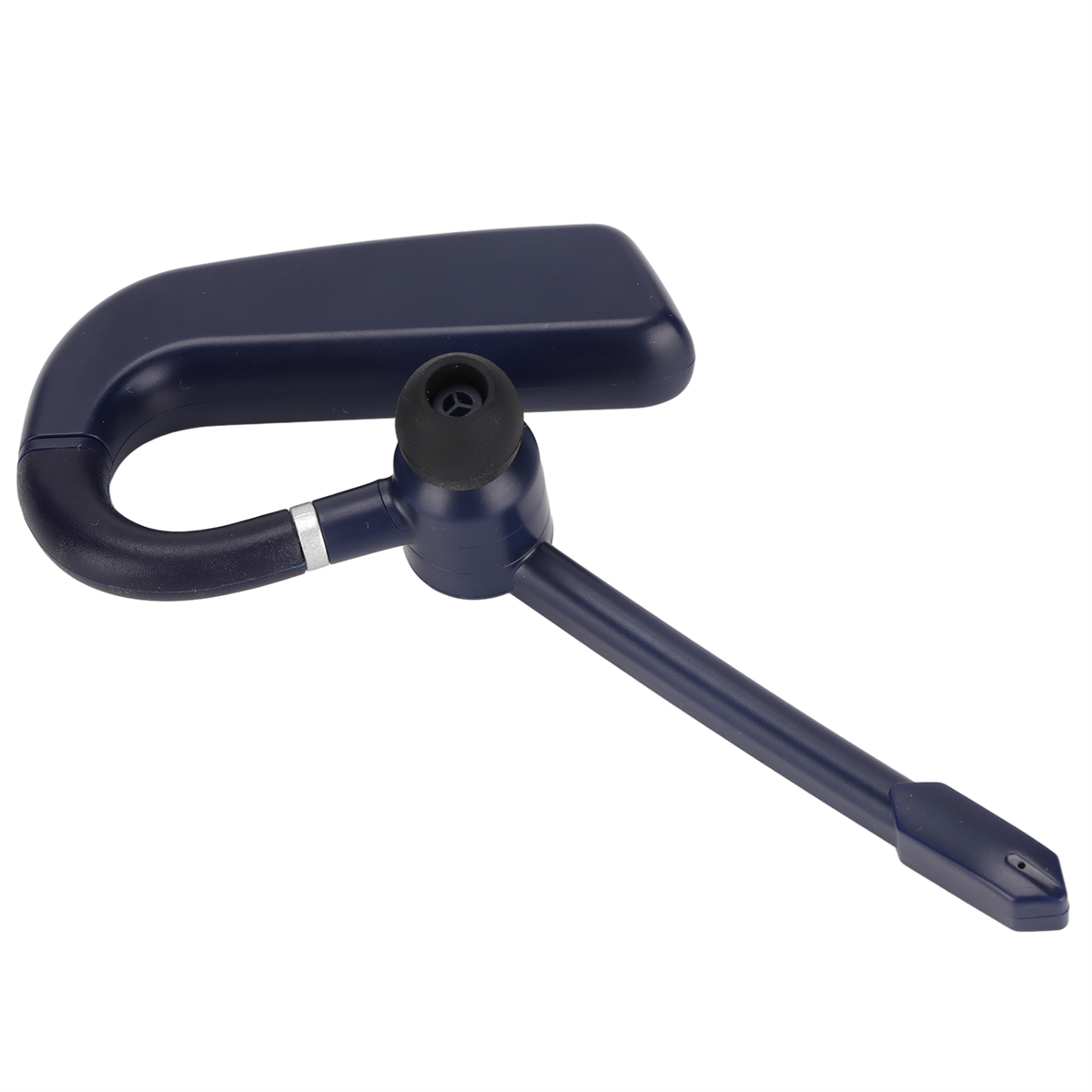 Ein marineblaues Bluetooth-Headset auf weißem Hintergrund, mit geschwungenem Design und langem Mikrofonarm.