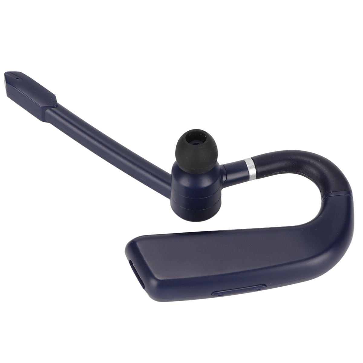 Ein marineblaues Bluetooth-Headset mit Mikrofon. Das Headset befindet sich auf weißem Hintergrund.