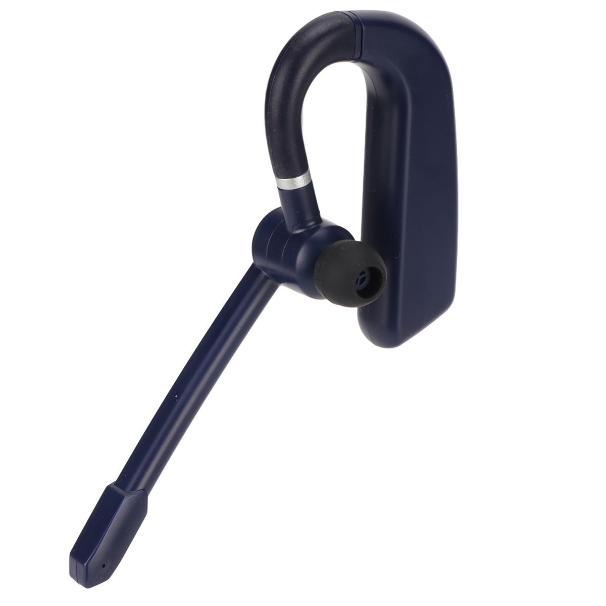 Ein dunkelblaues Bluetooth-Headset mit Mikrofon, das über dem Ohr getragen werden kann, auf weißem Hintergrund.