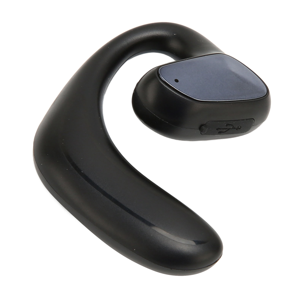 Schwarzes Ohrbügel-Headset. Gebogenes Design mit kleinem schwarzen Lautsprecherende.