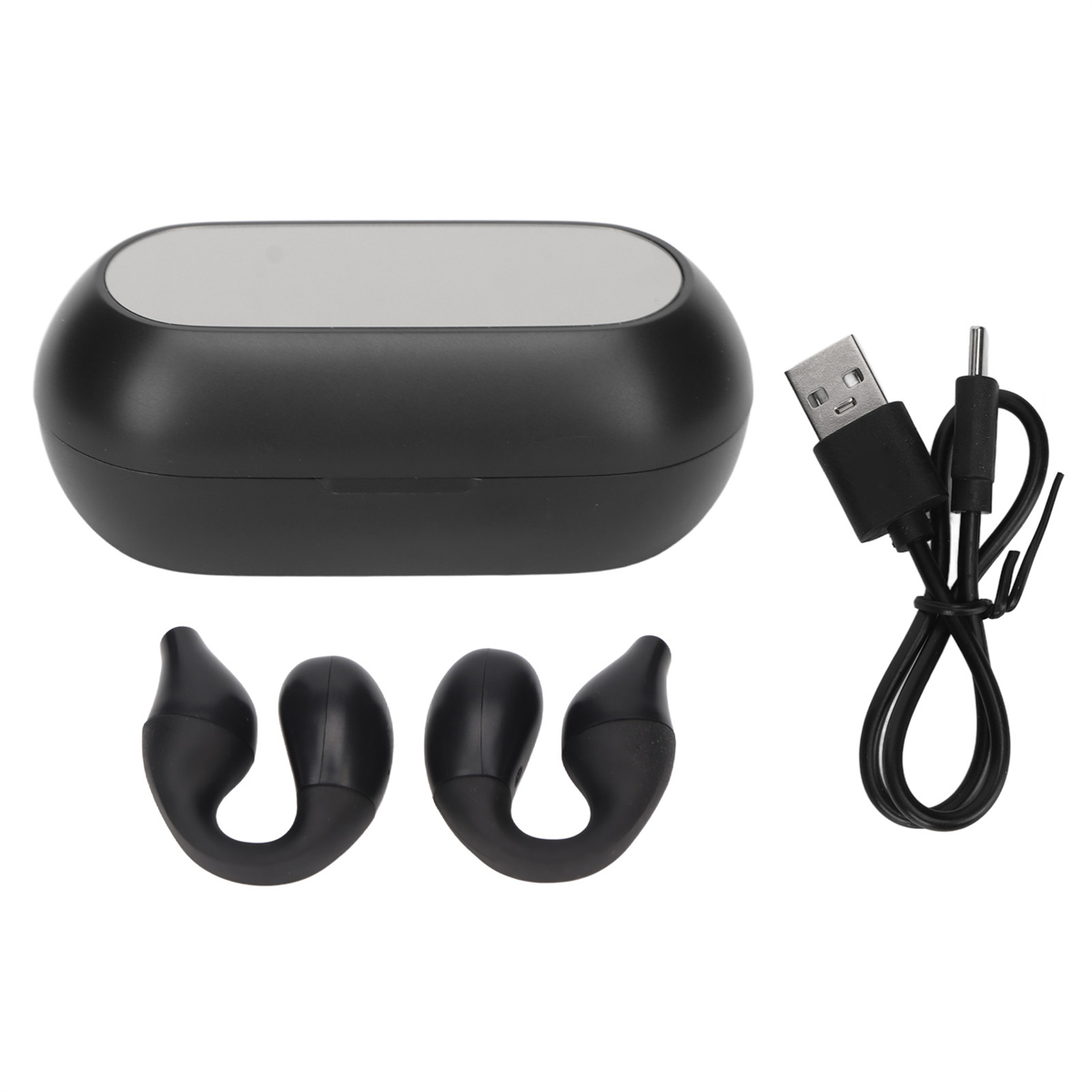 Schwarze Ohrhörer mit Hülle, Ladekabel und Ohrhaken. Weißer Hintergrund.