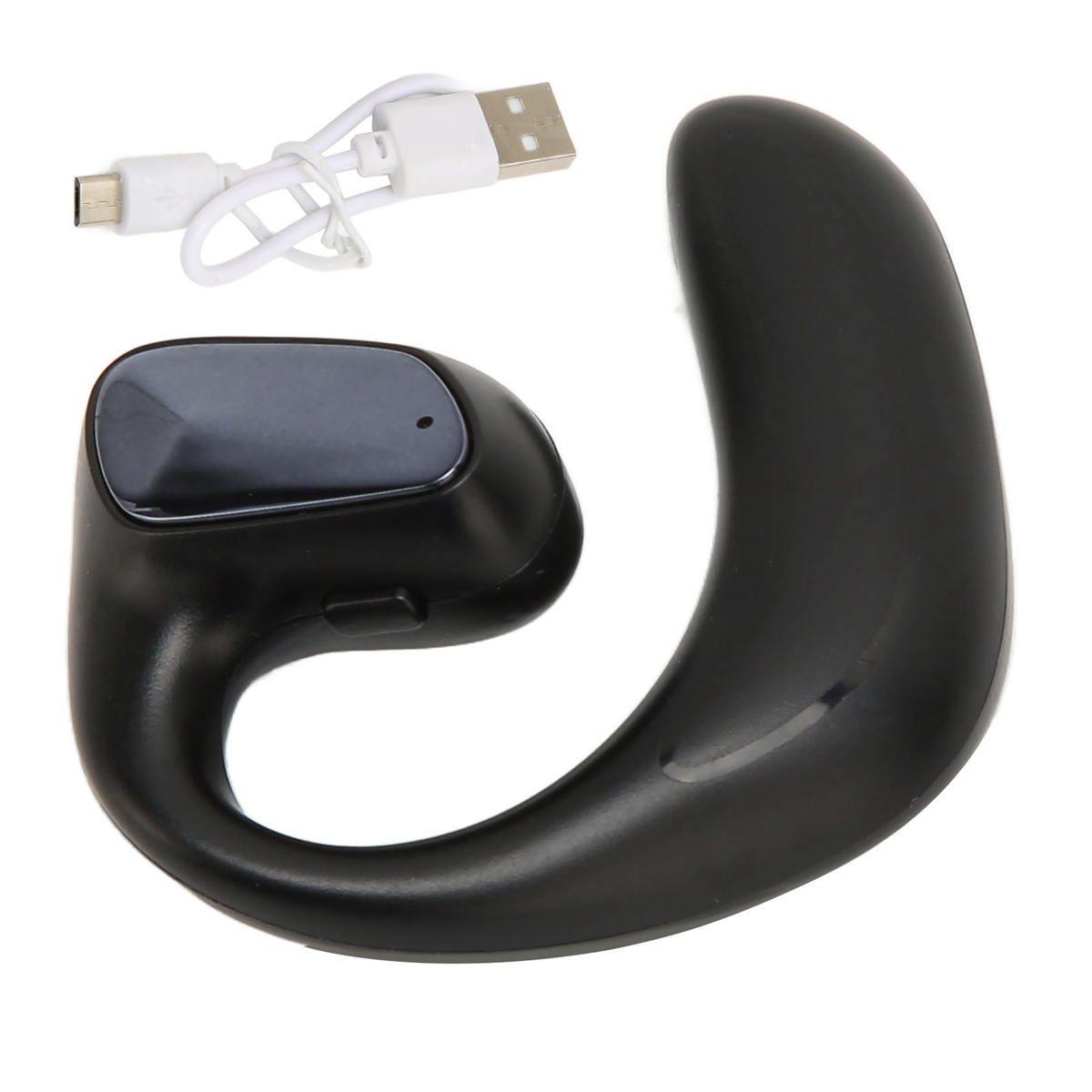 Schwarzer Ohrhörer und USB-Kabel. Ohrhörer hat ein gebogenes Design.