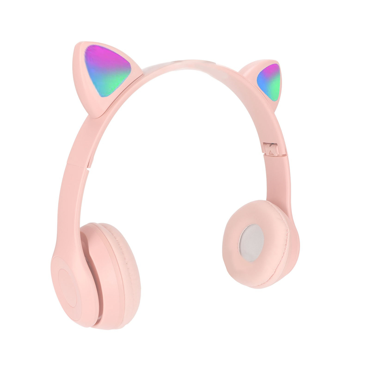 Pinke Katzenohr-Kopfhörer mit regenbogenfarbenen Ohrendetails.