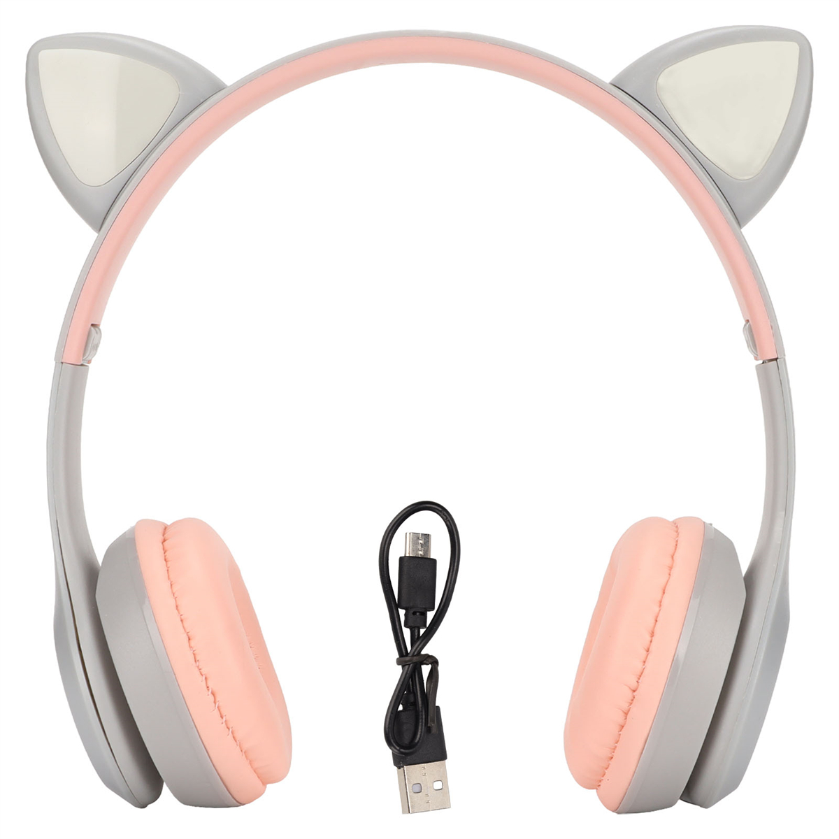 Kopfhörer mit Katzenohren, rosa Ohrmuscheln und einem Ladekabel. Der Rahmen ist grau.
