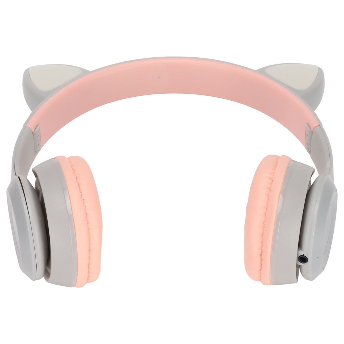 Graue und rosa Katzenohr-Kopfhörer. Die Ohrmuscheln sind grau, das Kopfband hat rosa Polsterung.