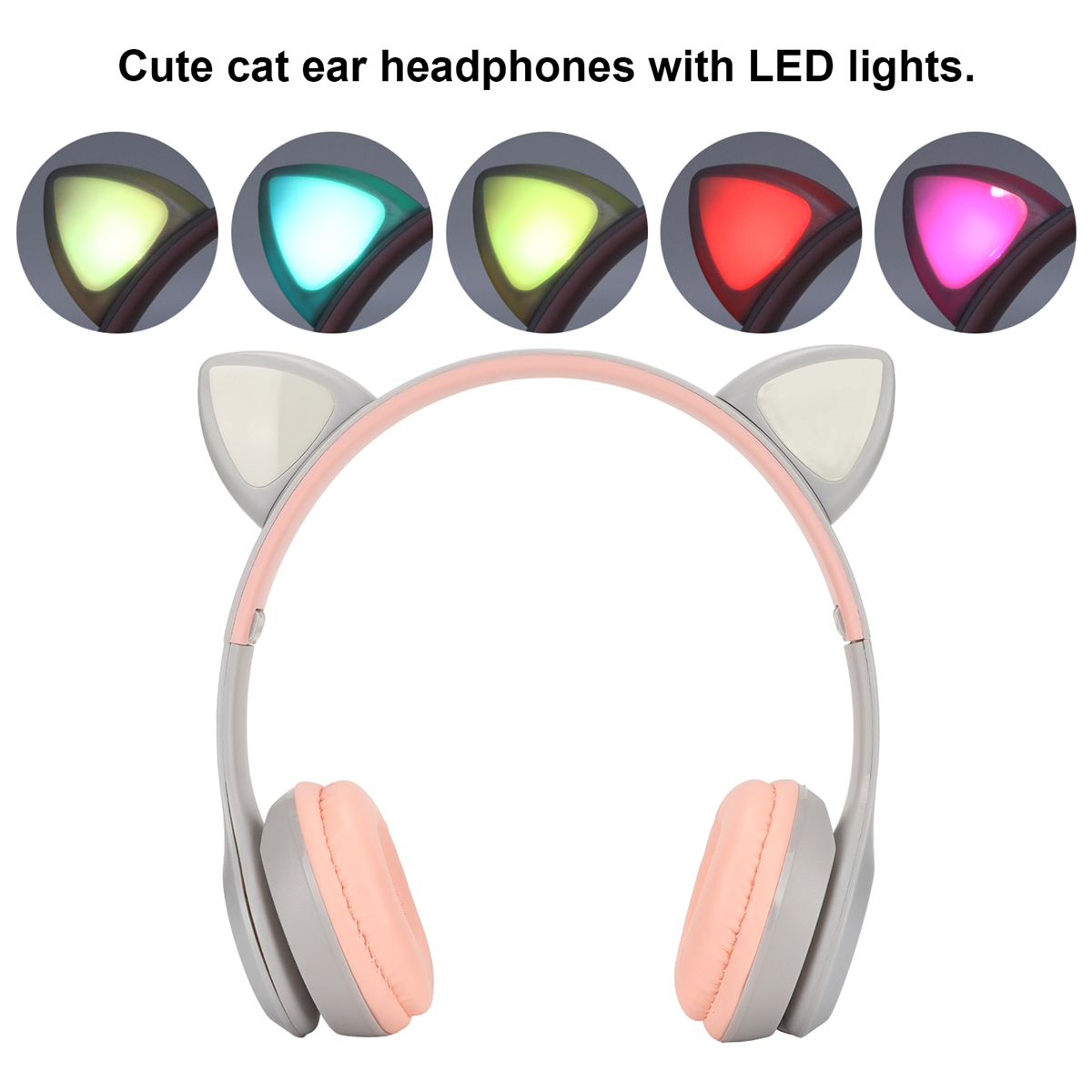 Niedliche Katzenohrkopfhörer mit rosa-grauem Farbschema, mit verschiedenen LED-Farben.