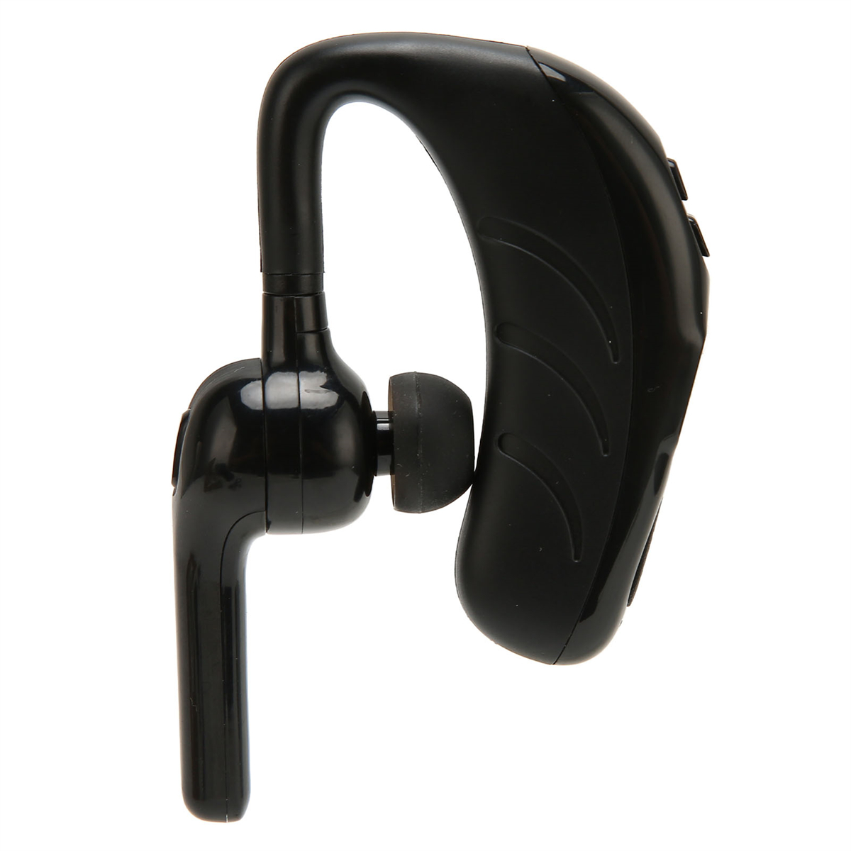 Ein schwarzer Bluetooth-Kopfhörer. Es hat ein gebogenes Design, um das Ohr zu umschließen.