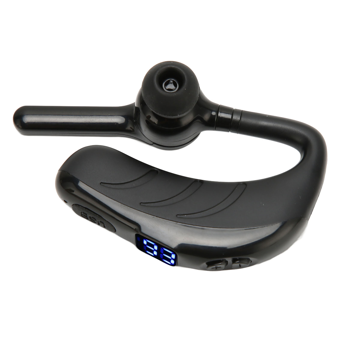 Ein schwarzes Bluetooth-Headset. Es hat ein geschwungenes Design mit Tasten und einem Display.