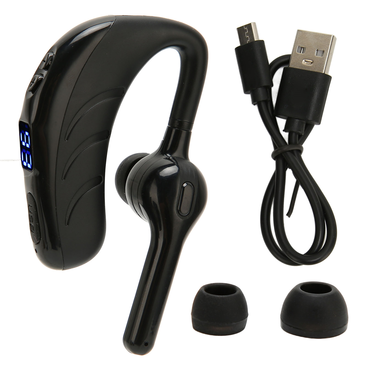 Ein schwarzes Bluetooth-Headset und ein Ladekabel.