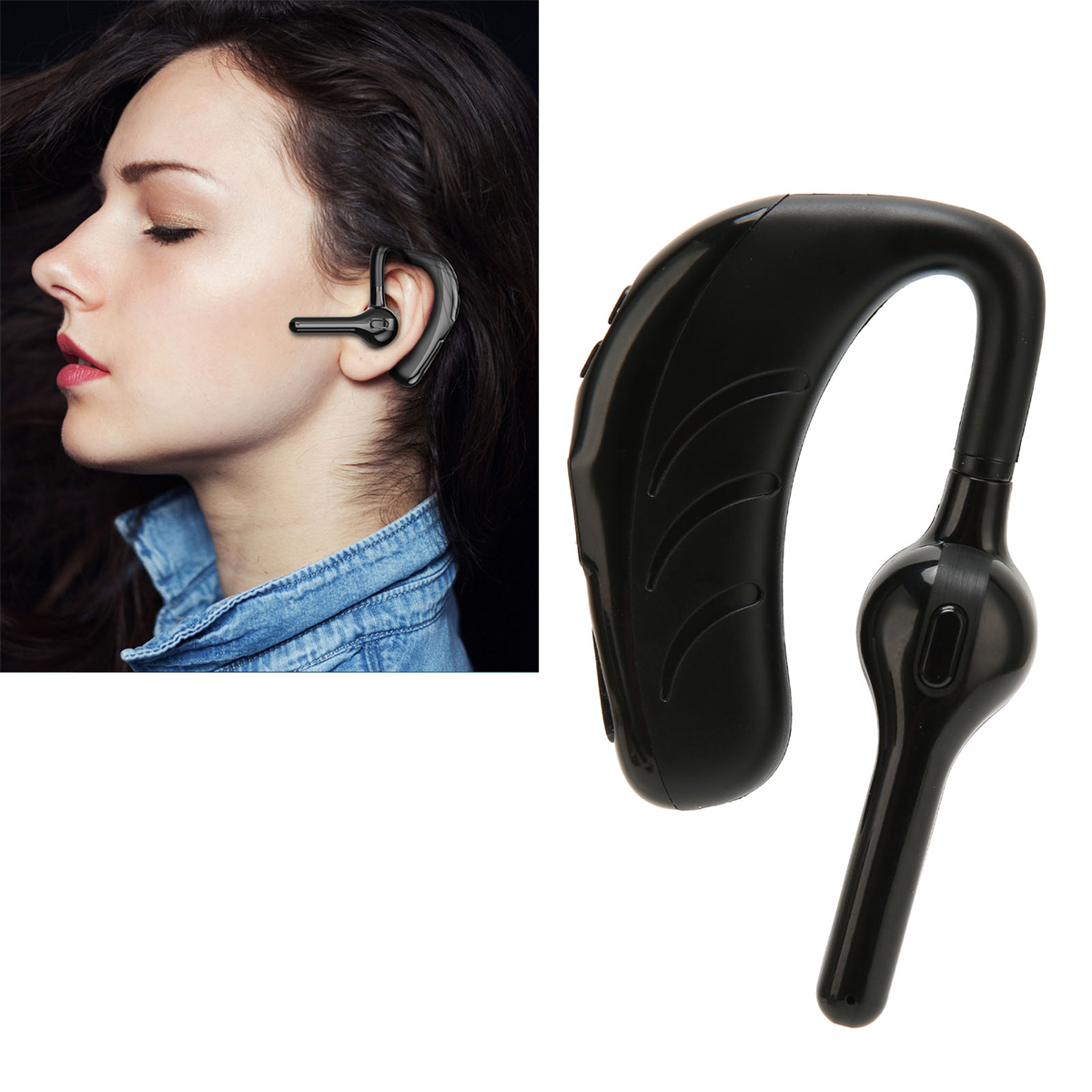 Frau mit schwarzem Bluetooth-Headset. Ein separates Headset wird ebenfalls gezeigt. Weißer Hintergrund.