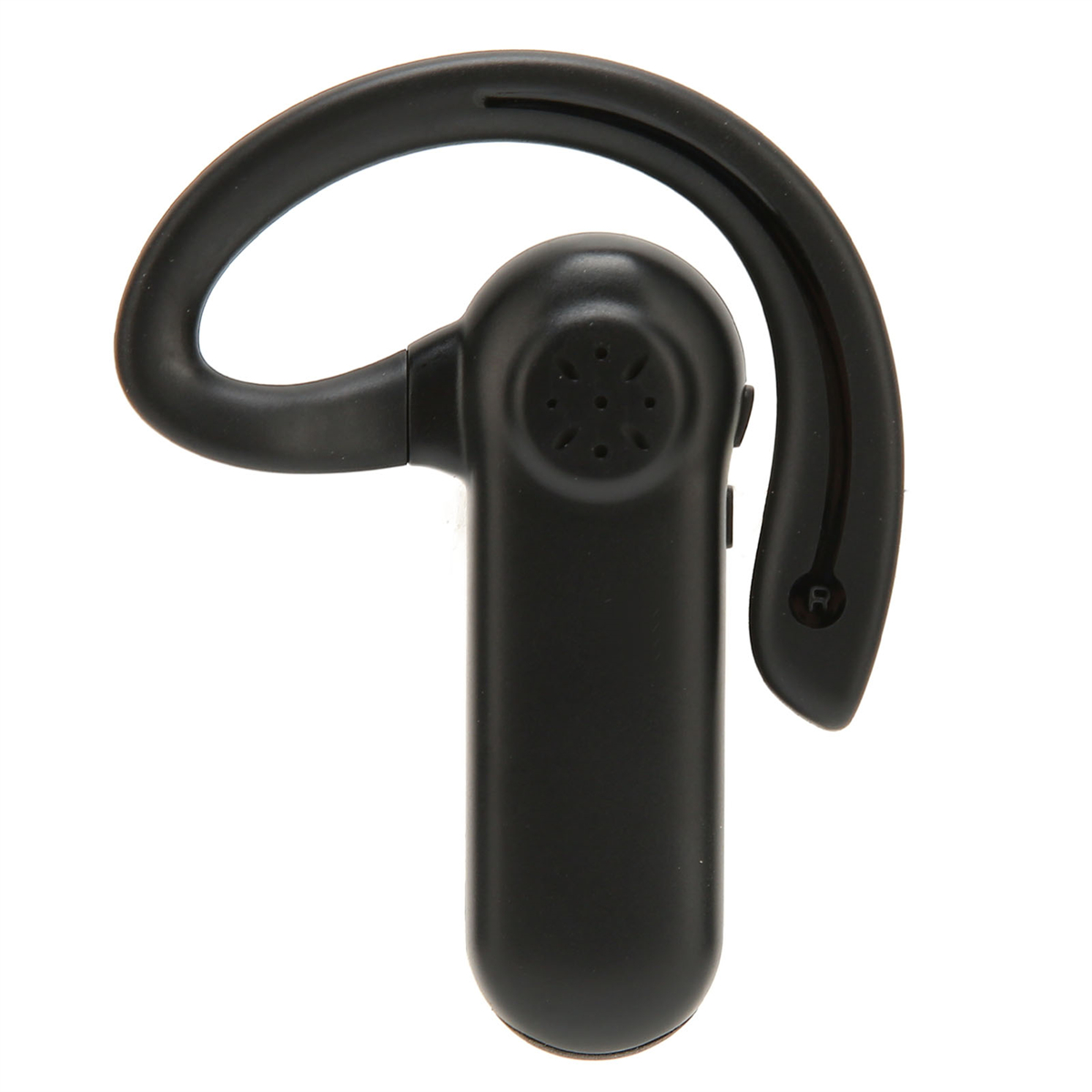 Schwarzer Ohrhörer mit einem gebogenen Over-Ear-Haken. Es ist ganz schwarz und hat ein kleines Mikrofon.