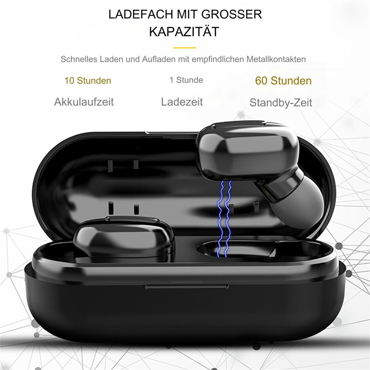 Schwarze Ohrhörer-Ladehülle, geöffnet. Zwei Ohrhörer innen. Text über Akkulaufzeit und Laden.