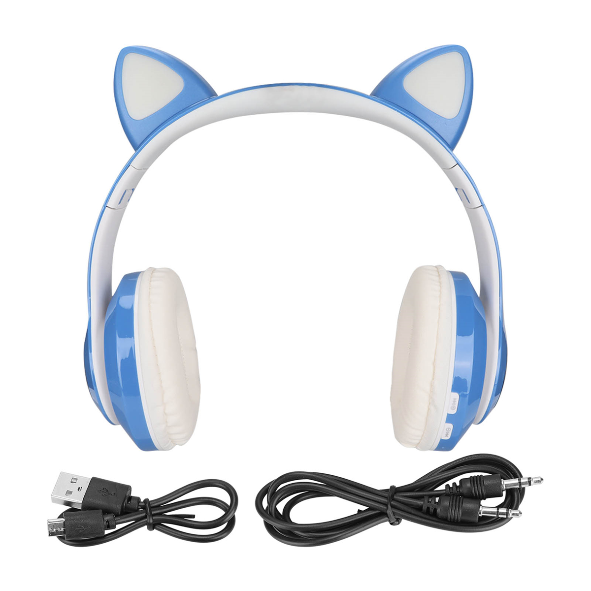 Blaue Katzenohrkopfhörer mit Lade- und Aux-Kabeln, USB-Kabel.