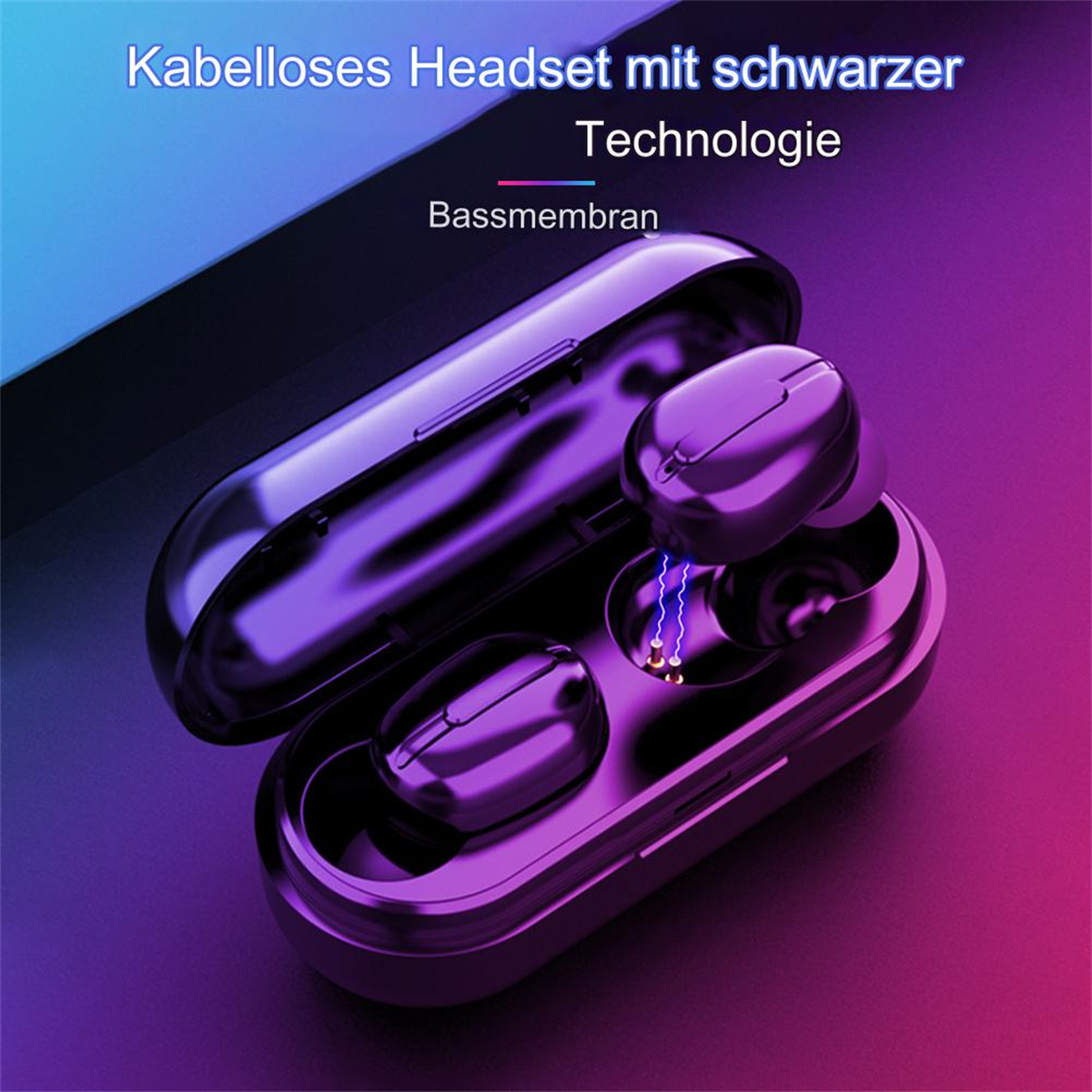 Schwarze kabellose Ohrhörer in einem Etui. Farbverlauf Hintergrund.