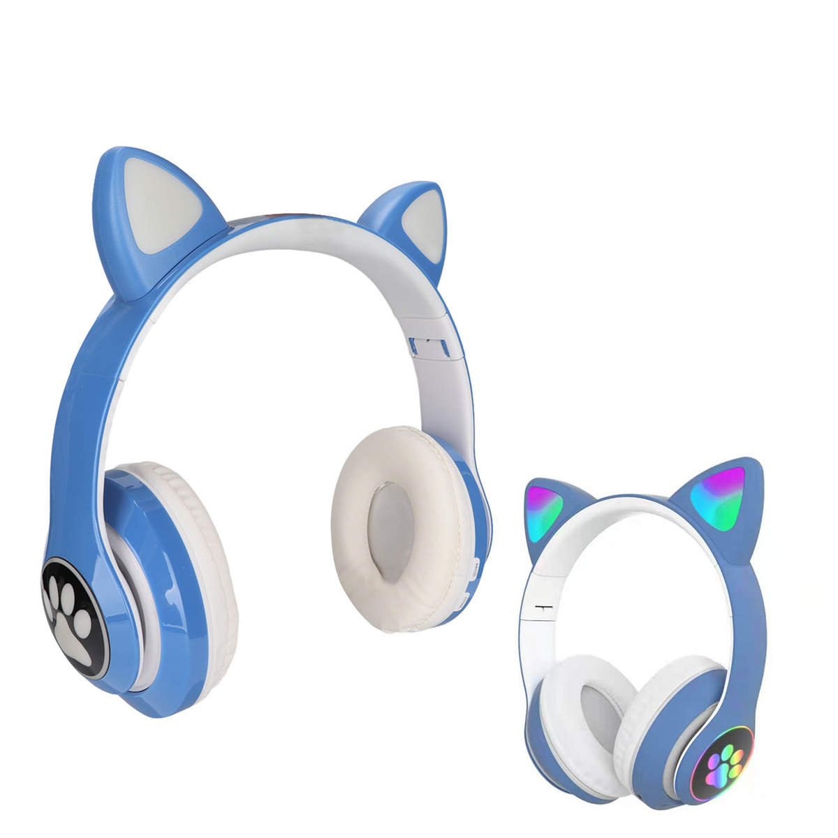 Blaue Katzenohrhörer mit weißen Akzenten. Ein Paar links, ein anderes rechts.