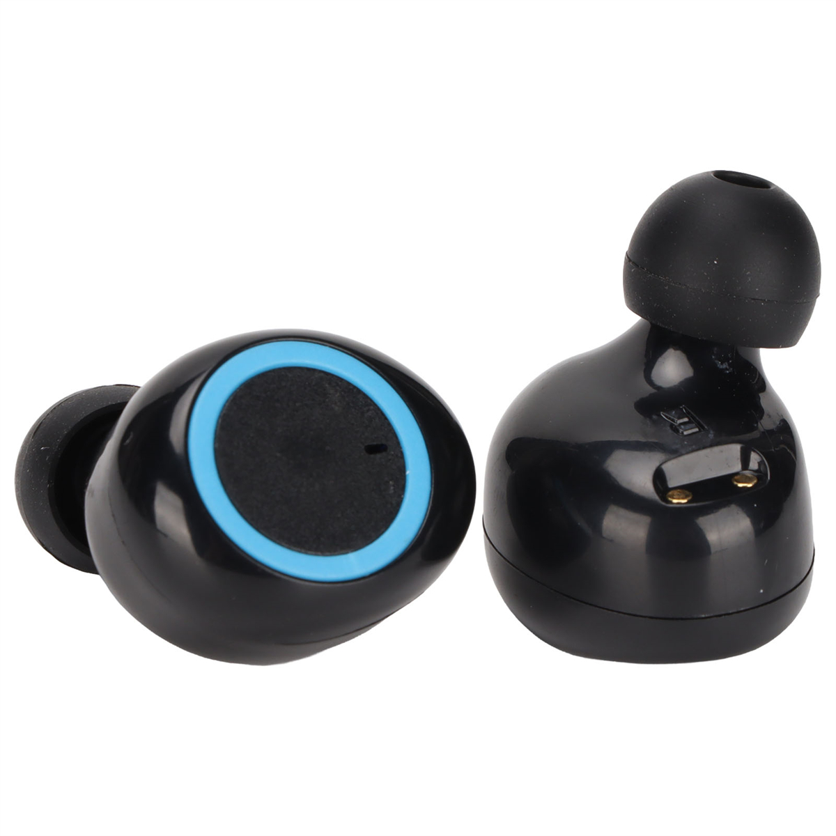 Schwarze kabellose Ohrhörer mit blauen Akzenten. Ein Ohrhörer hat einen blauen Ring.