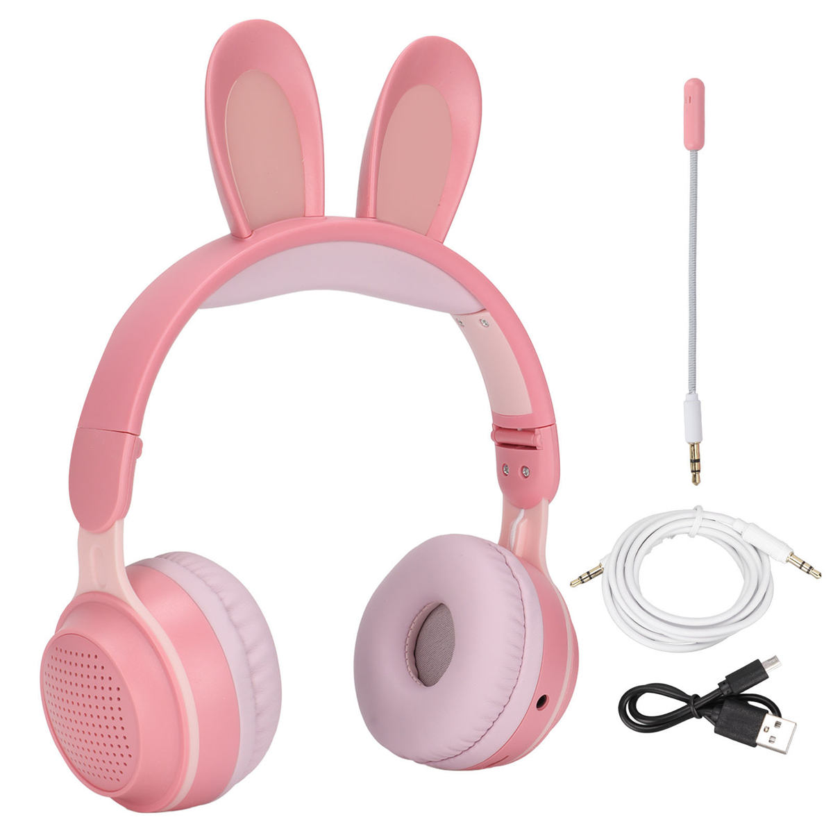 Rosa Hasenohr-Kopfhörer mit abnehmbarem Kabel und Ladekabel.