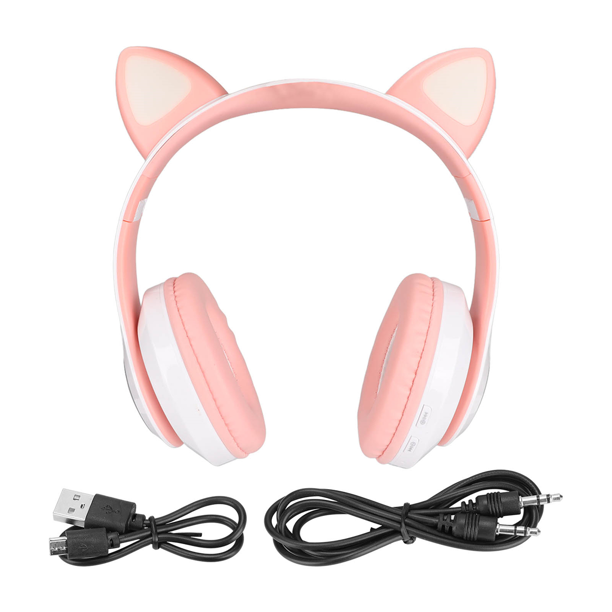 Rosa Katzenohr-Kopfhörer, USB- und Audiokabel auf weißem Hintergrund.