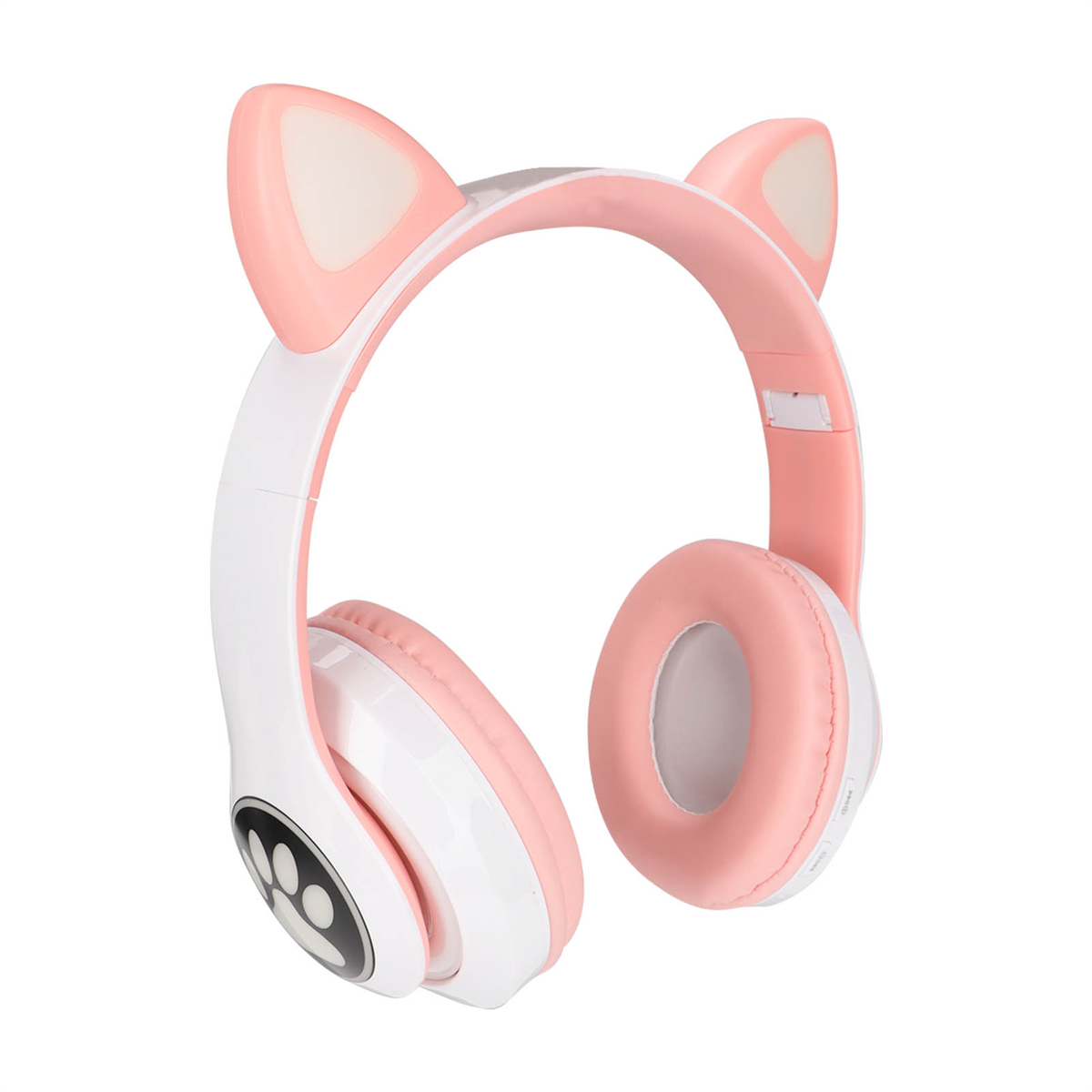 Rosa und weiße Katzenohr-Kopfhörer. Die Ohrmuscheln sind rosa, das Stirnband ist weiß.