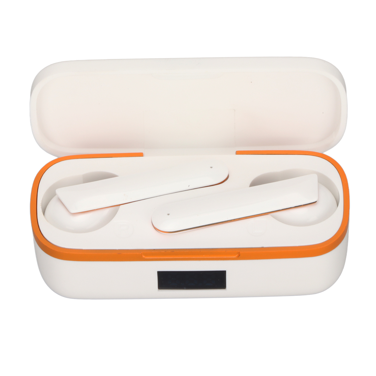 Ein weißes und orangefarbenes Kopfhörer-Etui mit zwei weißen Ohrhörern darin.