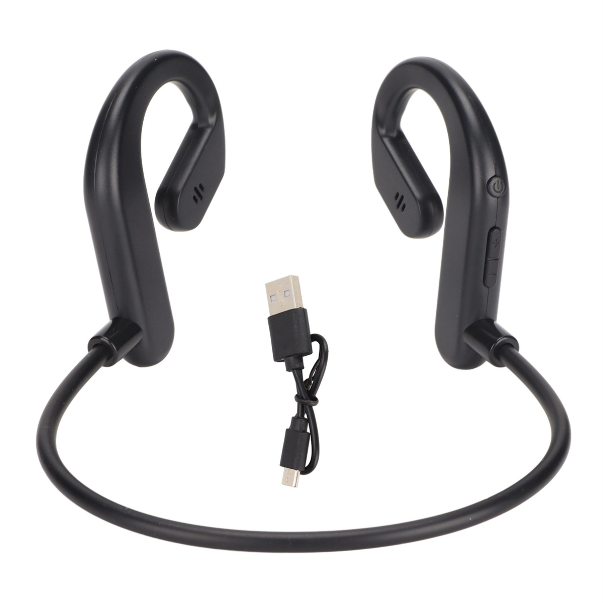 Zwei schwarze Ohrhörer mit einem Kabel verbunden, mit einem USB-Kabel in der Mitte.