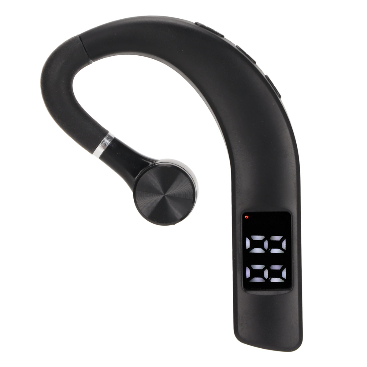 Schwarzes kabelloses Headset mit geschwungenem Design und Anzeige von 88. Weißer Hintergrund.