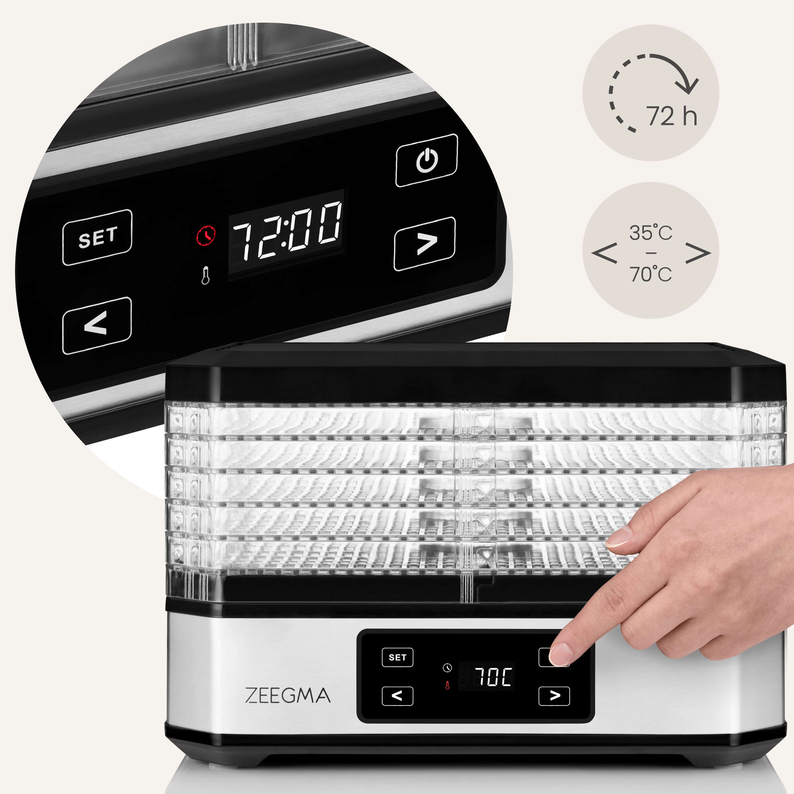 Lebensmitteltrockner mit Digitalanzeige für Zeit und Temperatur. Hand drückt eine Taste.