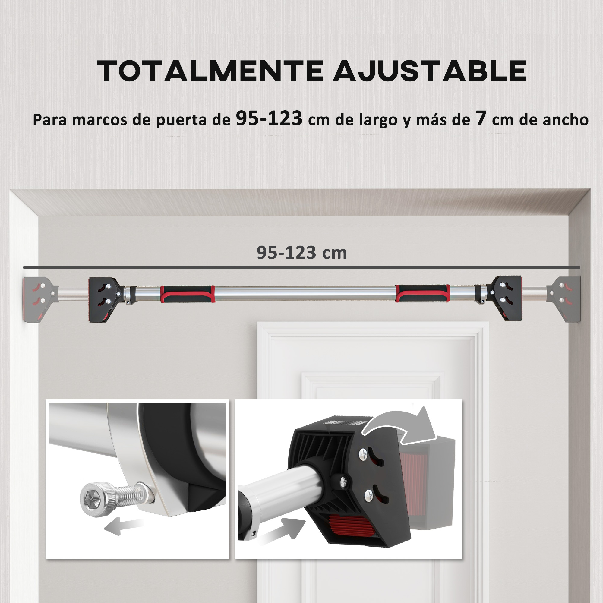 Una barra de dominadas para marco de puerta con características ajustables y dos diagramas.