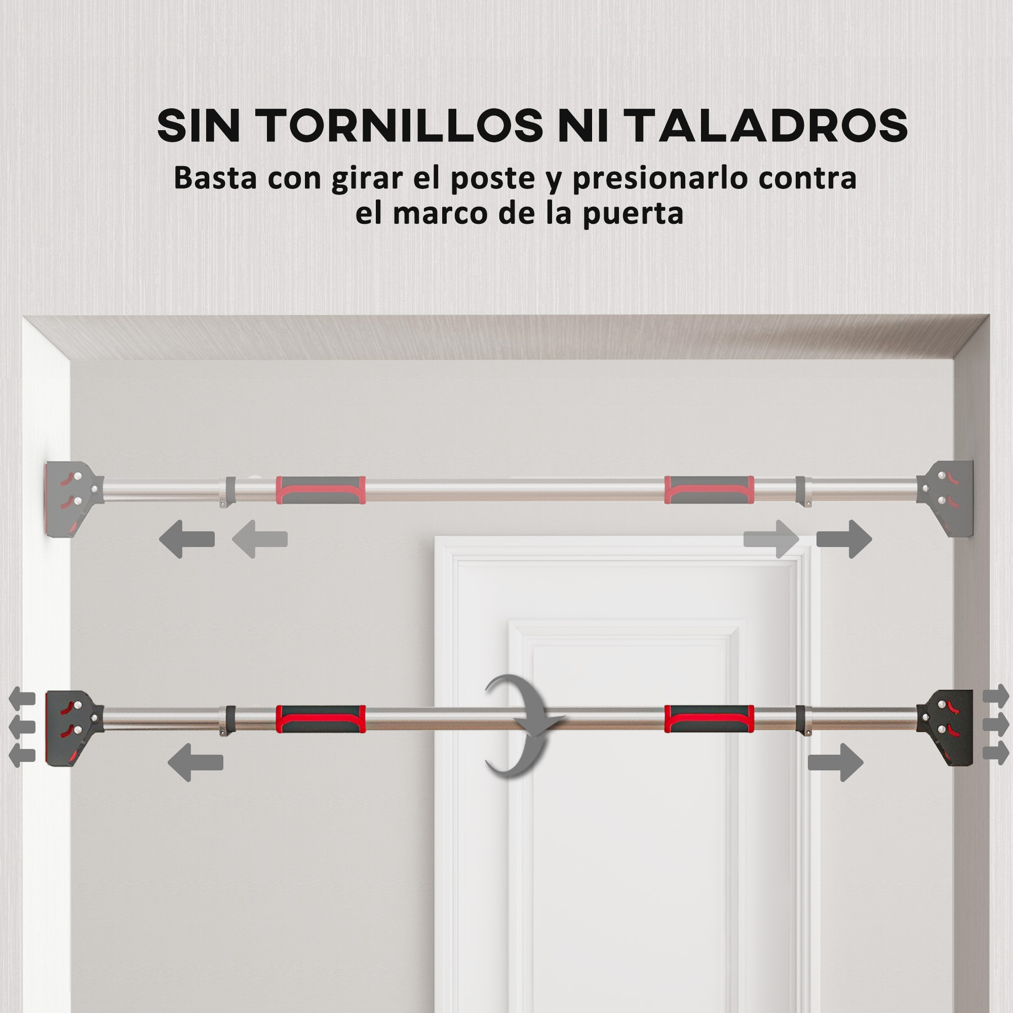 Diagrama que muestra el proceso de instalación de una barra de dominadas, con el texto 'SIN TORNILLOS NI TALADROS'.