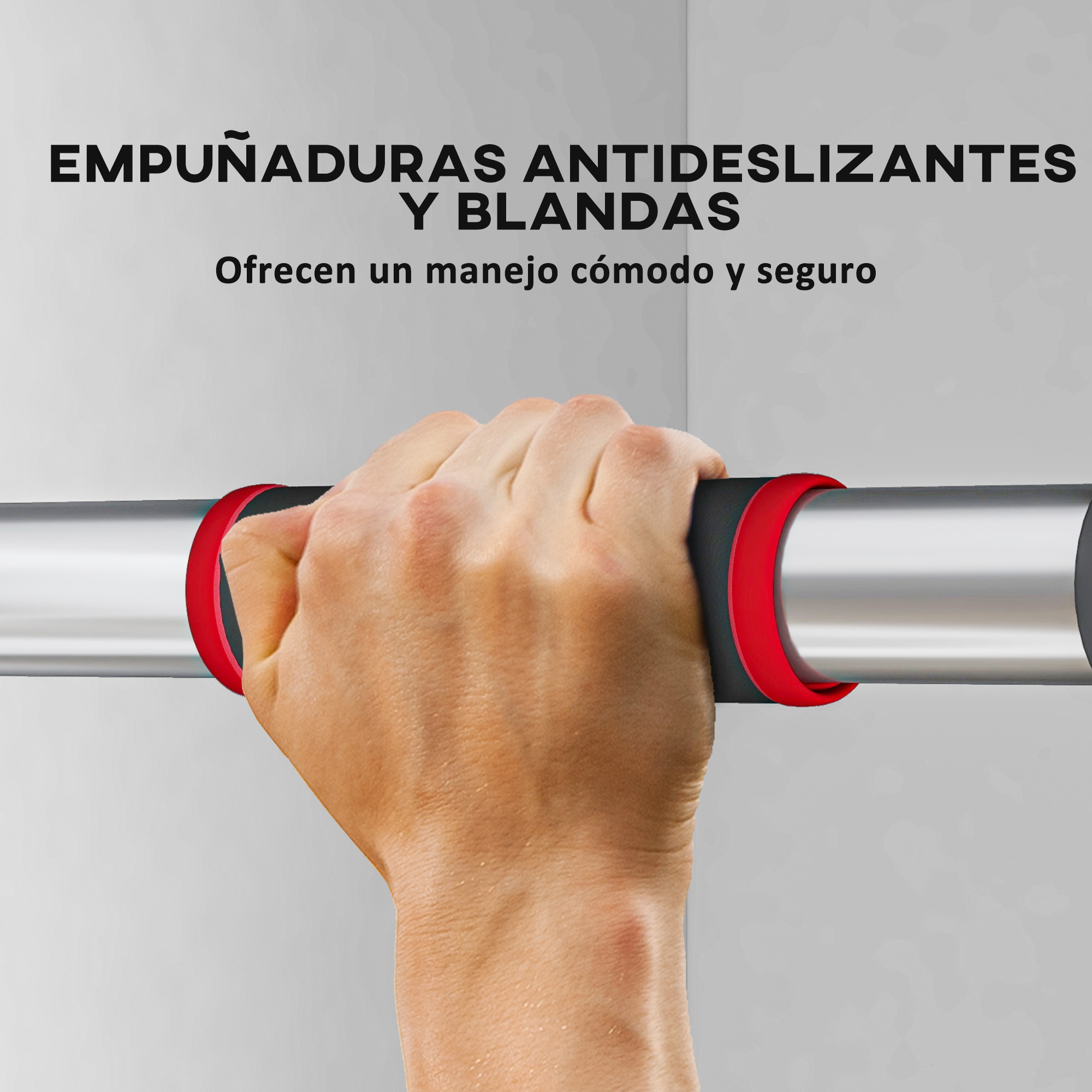 Mano sosteniendo una barra plateada con agarres rojos y negros. Texto: Agarre antideslizante y suave.