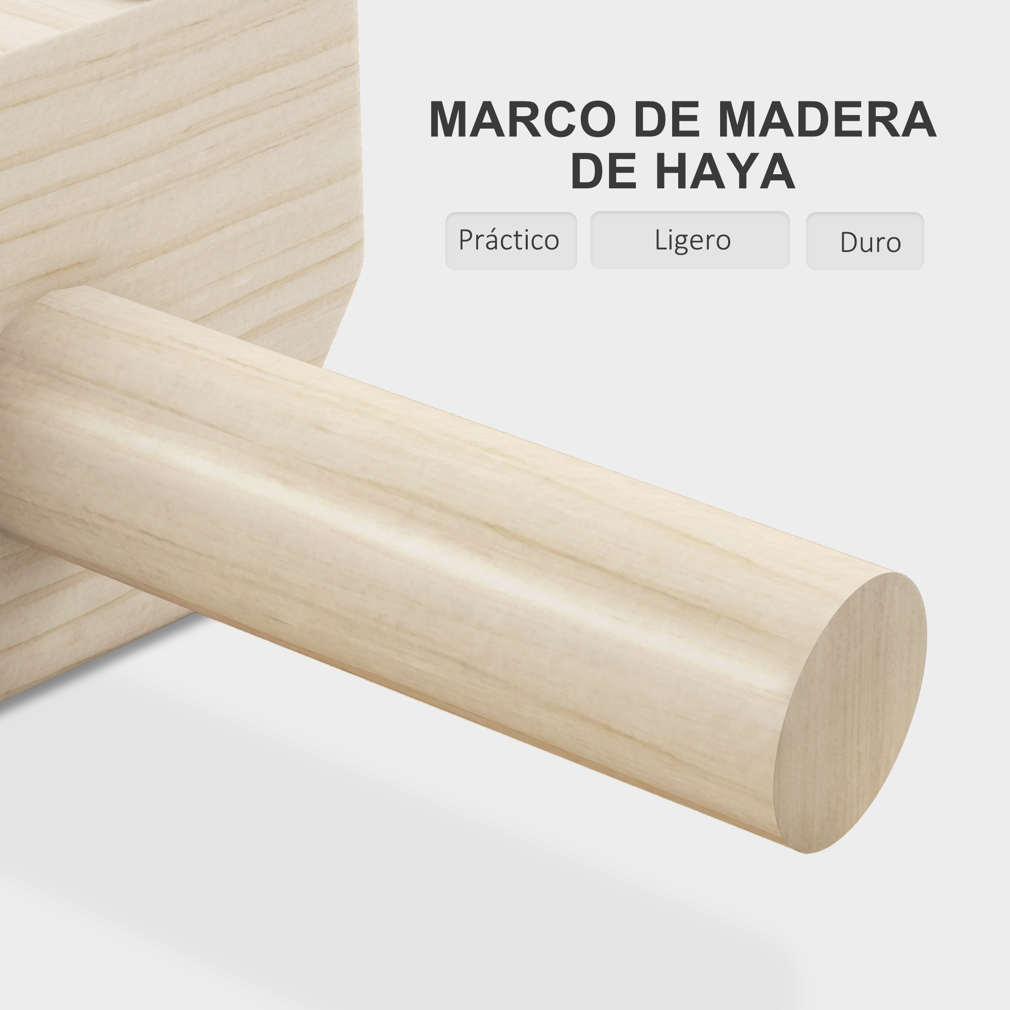 Primer plano de un marco de madera. Parte de una pieza cilíndrica de madera está unida a una base de madera.