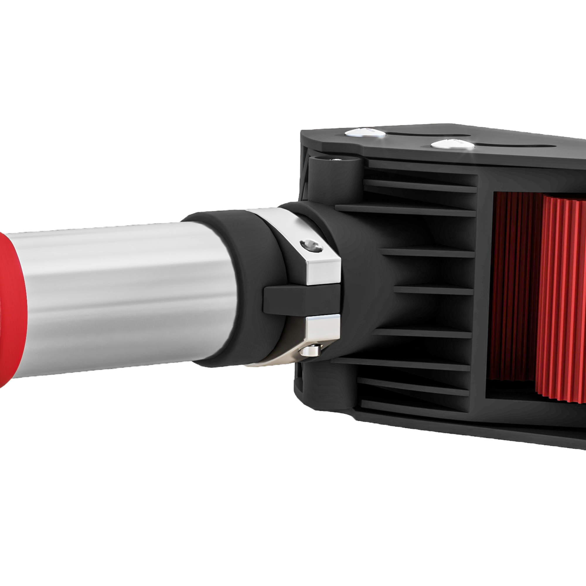 Primer plano de una luz LED negra con aletas rojas.