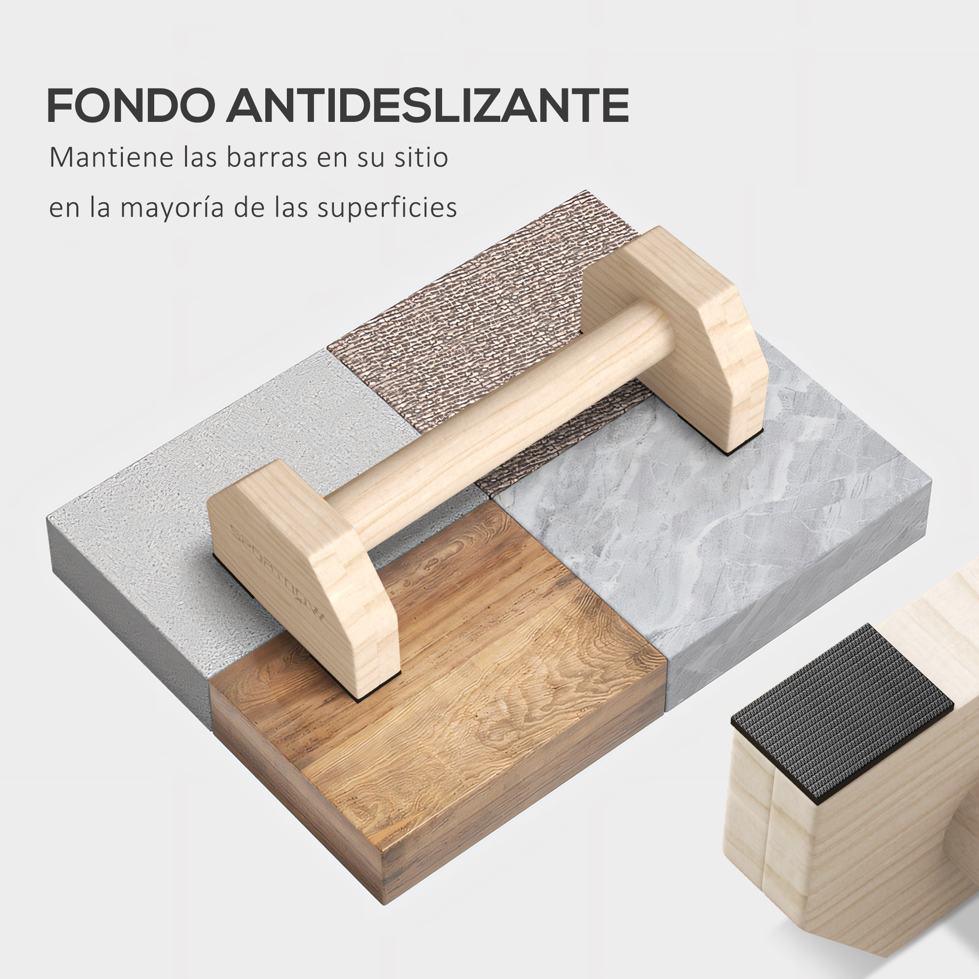 Barras de flexiones de madera sobre varias superficies texturizadas. Una barra está sobre una superficie negra.