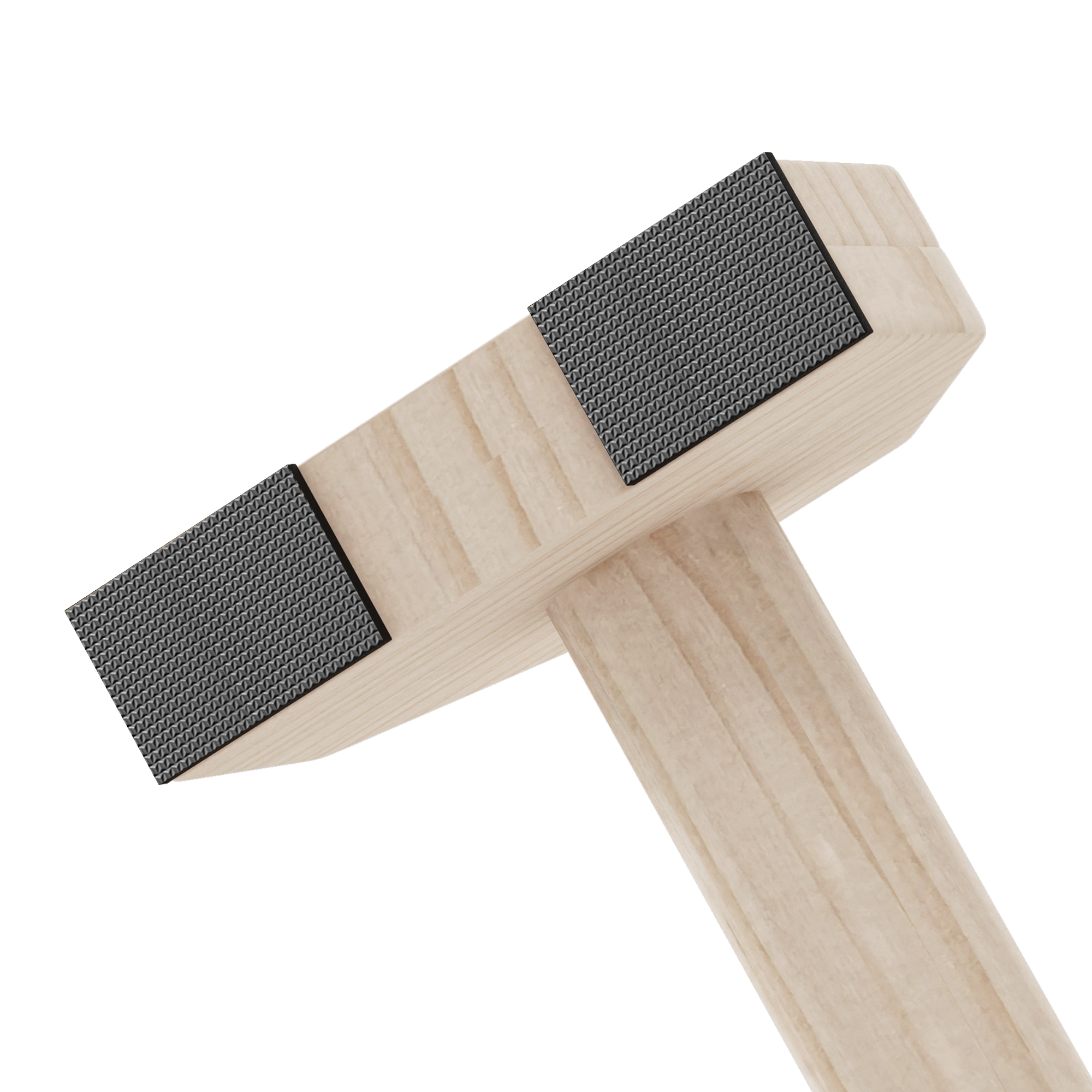 Mazo de madera con almohadillas de goma negra. El mazo es claro, las almohadillas están montadas en la cabeza.