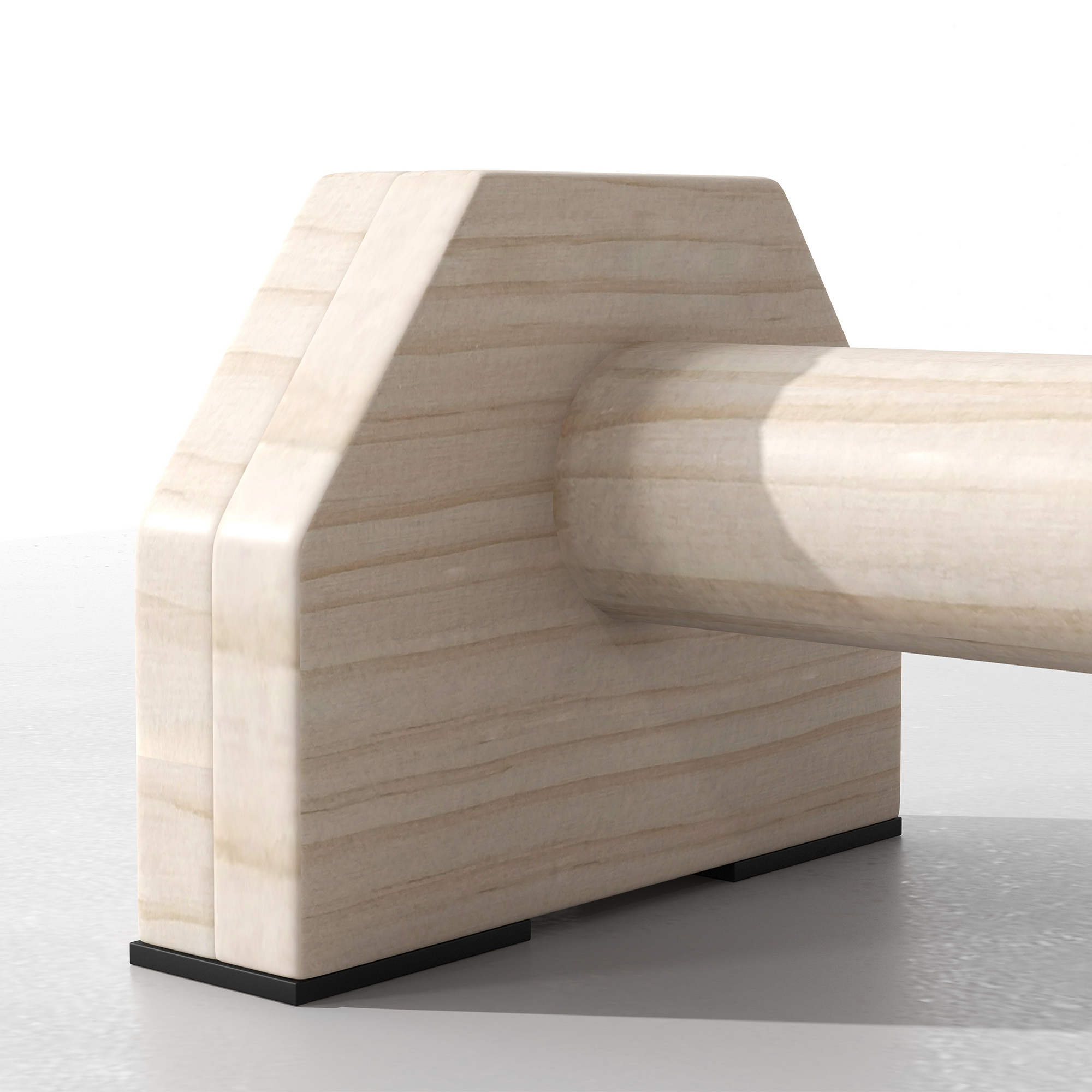 Hongo gimnástico de madera con almohadillas negras, fondo blanco.