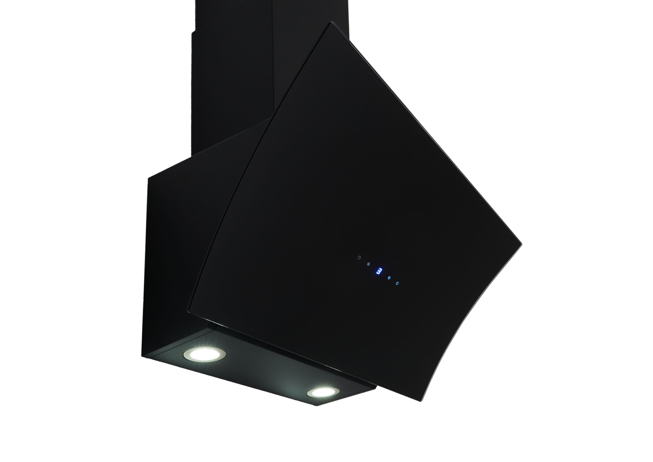 Schwarze Küchenhaube mit Lichtern und Digitalanzeige.