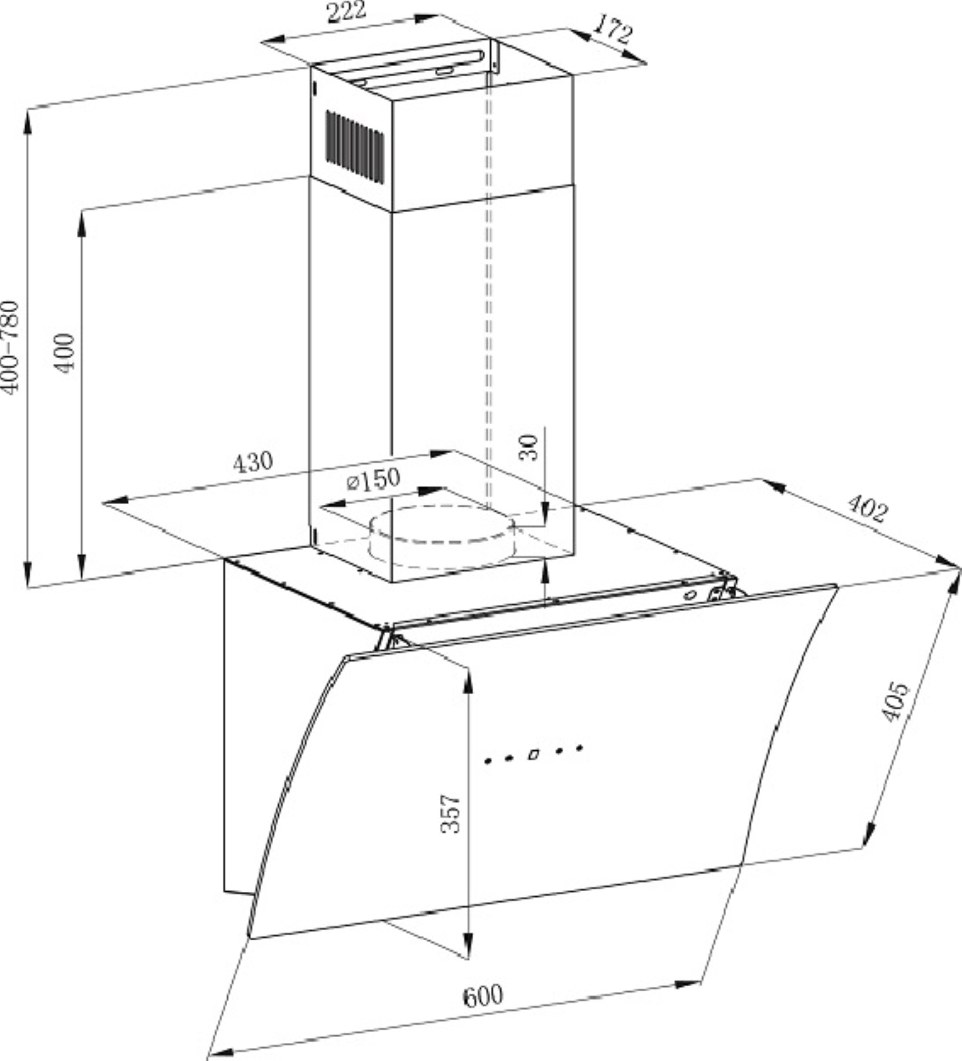 Eine schematische Darstellung einer Küchenhaube mit Bemaßungen und einer Draufsicht auf das Design.