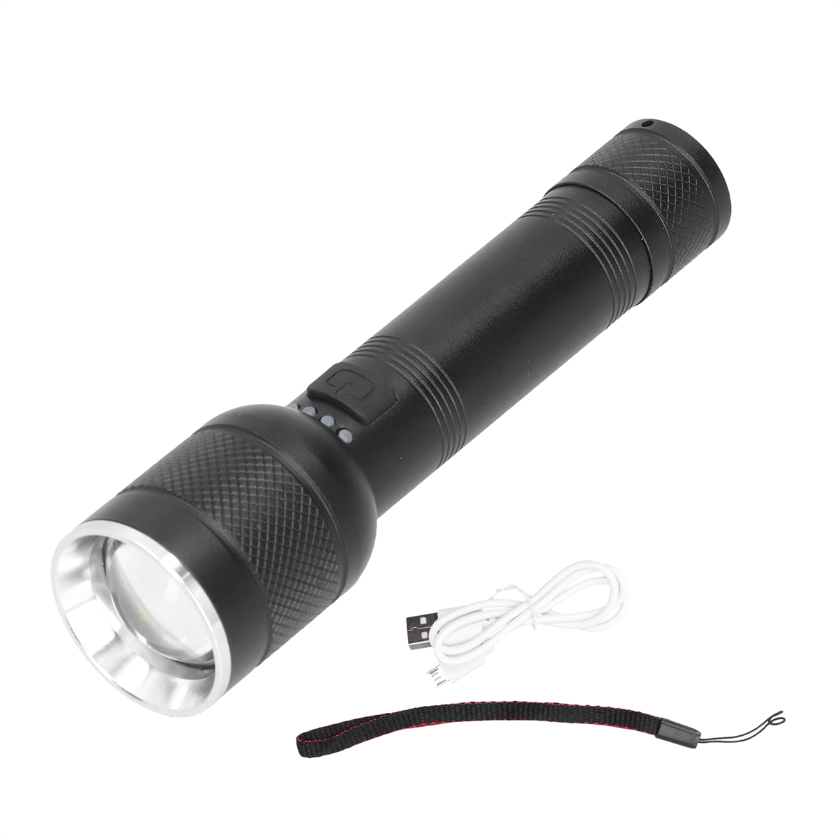 Eine schwarze Taschenlampe mit weißem Ladekabel und schwarzer Handschlaufe.