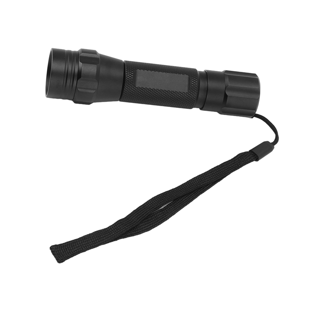 Schwarze Taschenlampe mit einem Schlüsselband. Die Taschenlampe hat einen strukturierten Griff.