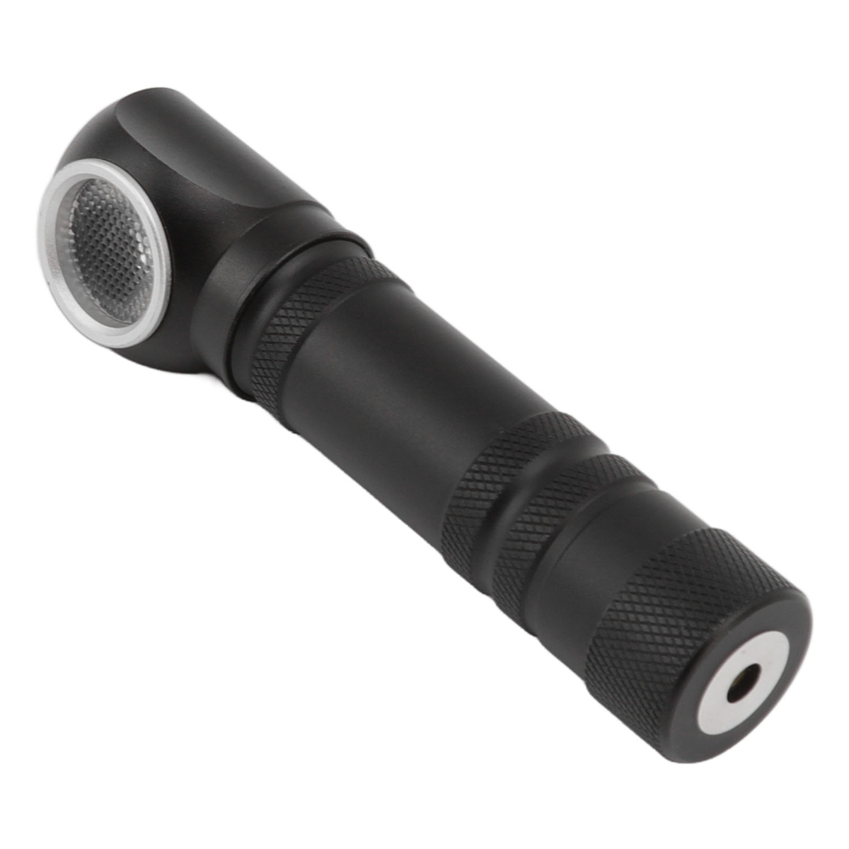 Schwarze Taschenlampe mit strukturiertem Griff und abgewinkeltem Kopf.