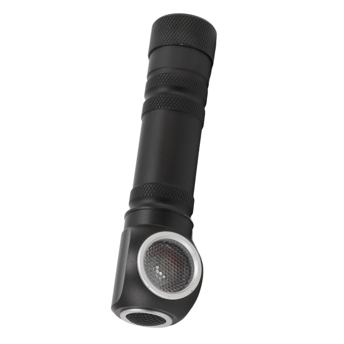 Schwarze Taschenlampe, zylindrischer Körper mit strukturierter Grifffläche.