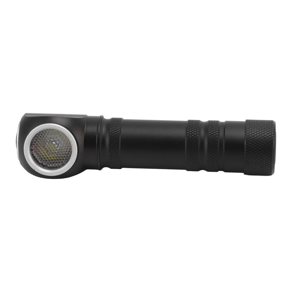 Schwarze Stirnlampe. Sie hat ein rundes Licht vorne. Der Körper ist strukturiert.
