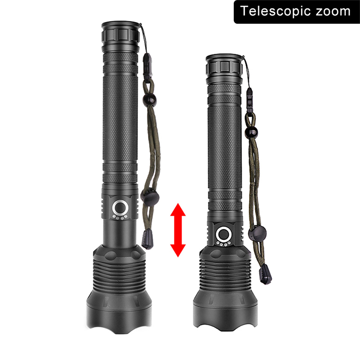 Zwei schwarze Taschenlampen mit Teleskopzoom, die linke ist ausgefahren und die rechte ist eingefahren.