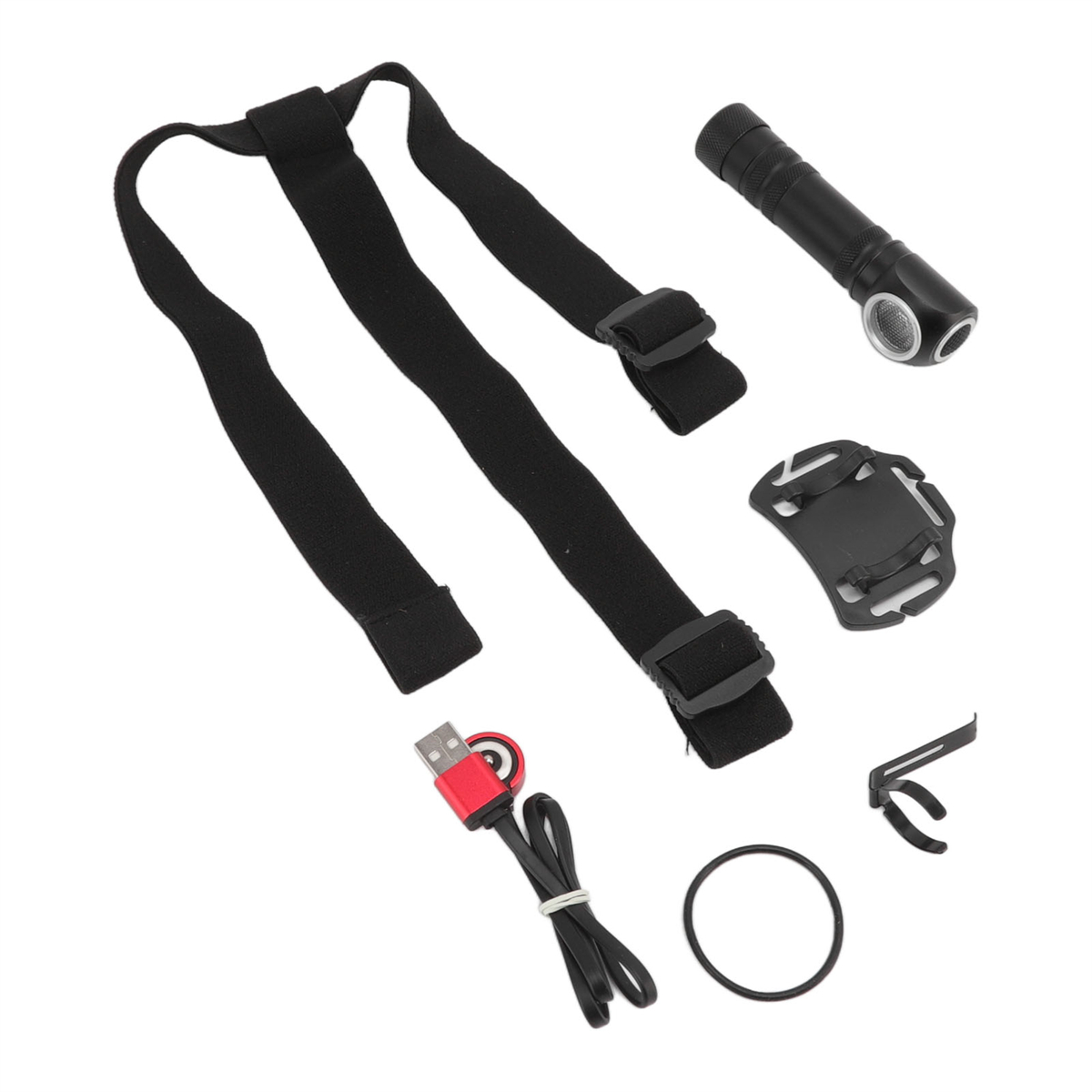 Schwarze Gurte, eine Taschenlampe, eine Halterung, ein USB-Kabel und ein Ring auf weißem Untergrund.