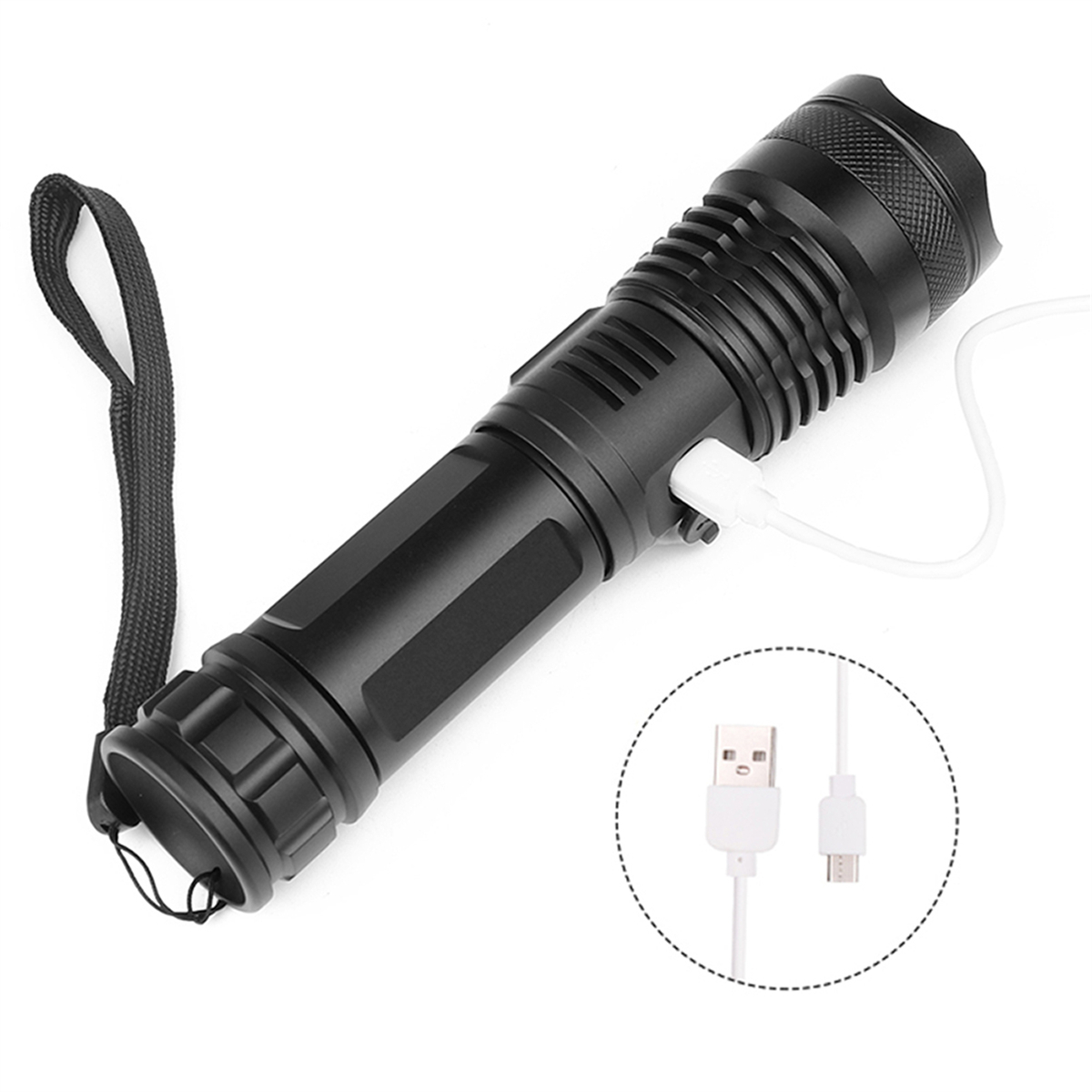 Schwarze Taschenlampe mit Ladeanschluss und USB-Kabel, mit Handschlaufe.