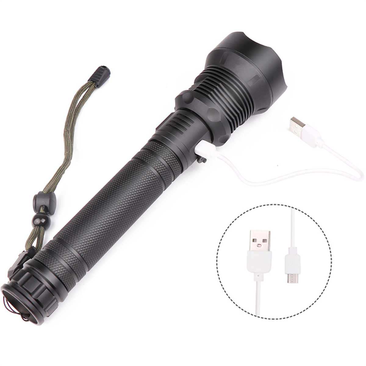 Eine schwarze Taschenlampe mit Ladekabel und Handschlaufe. USB-Anschlüsse und ein Ladekabel sind sichtbar.