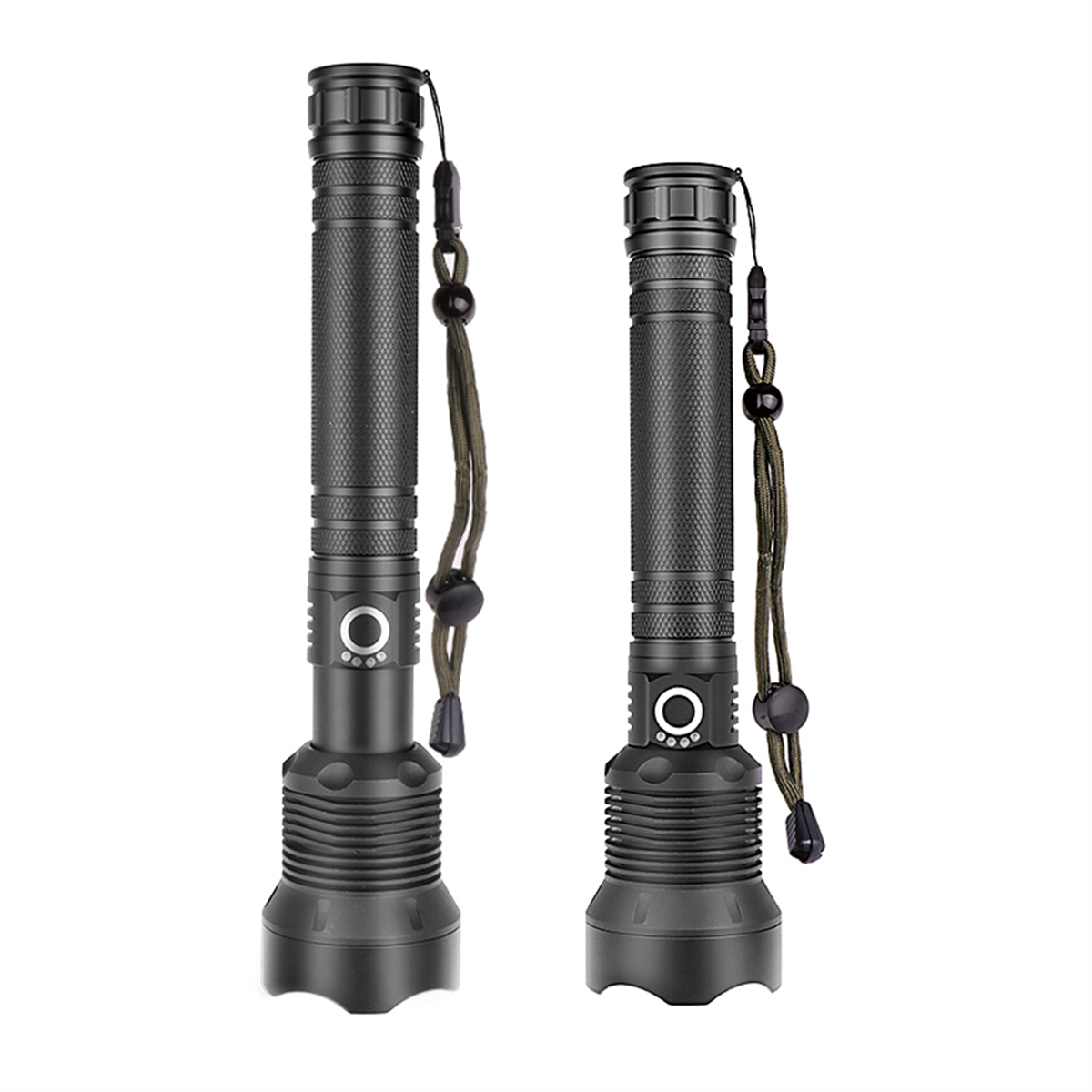 Zwei schwarze Taschenlampen mit Griff und Lanyard, eine höher.