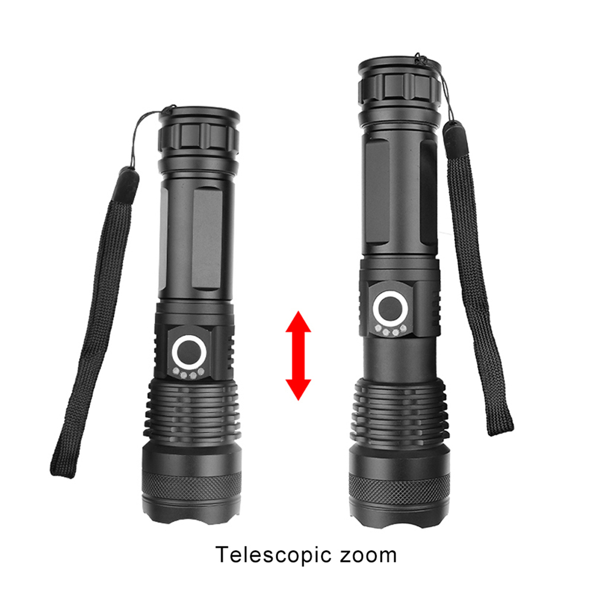 Zwei schwarze Taschenlampen. Die linke ist ausgezogen, die rechte ist eingefahren. Roter Pfeil.