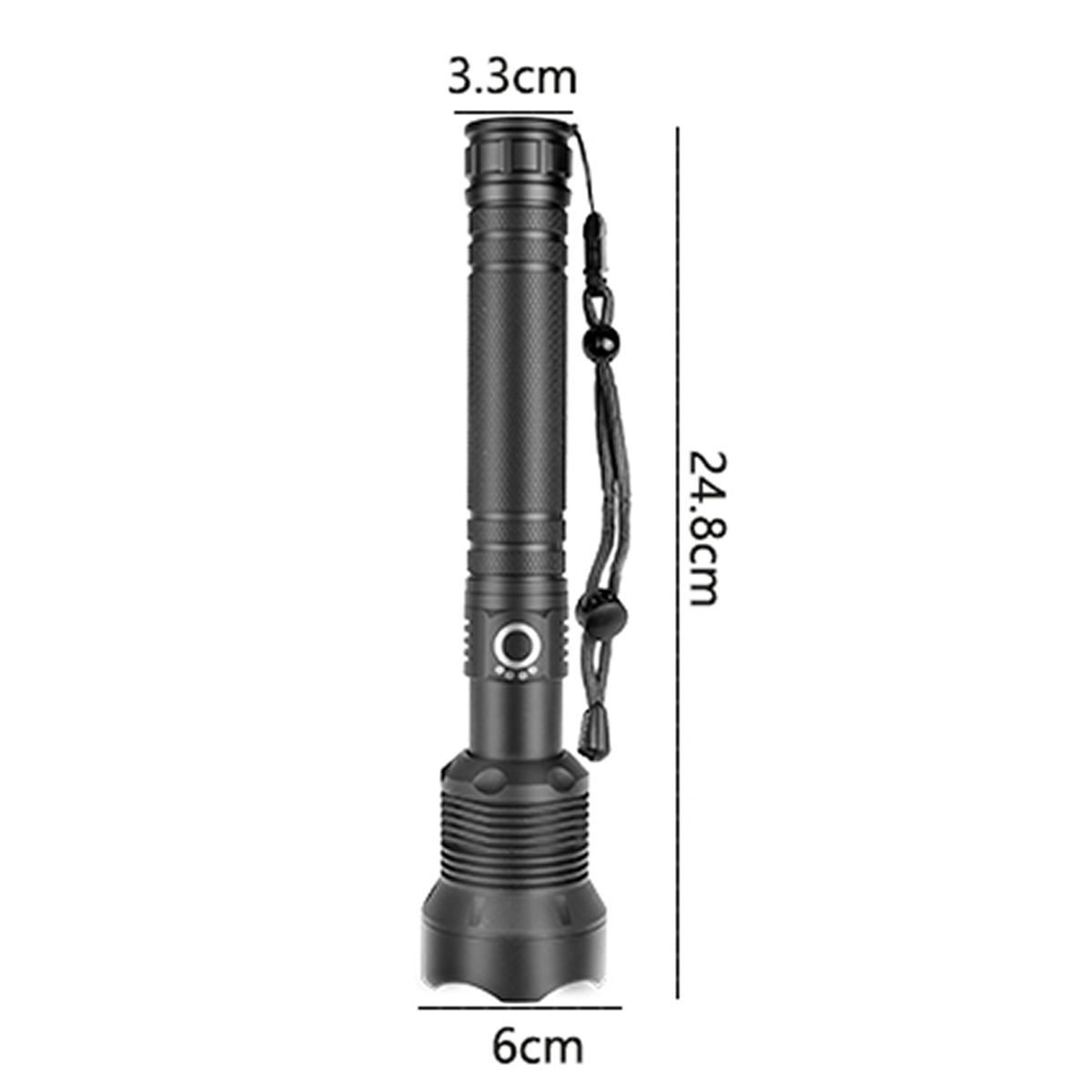 Schwarze Taschenlampe mit Maßen. Hat eine Schnur und Abmessungen von 6cm x 24,8cm.